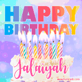 A vibrant animated name GIF with the words 'Happy Birthday Jalaiyah' with colorful candles on a creamy cake. The background sparkles with pastel shades, adding a festive touch.