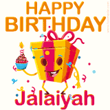 A vibrant and funny gift box character with a happy face dancing with a cupcake and the text 'Happy Birthday Jalaiyah,' surrounded by animated confetti and party vibes.