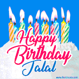 A cheerful animated GIF featuring colorful lit birthday candles on a white cake, with the text 'Happy Birthday Jalal' in bold red and blue script on a bright blue background.