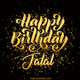 Animated GIF with colorful, festive 'Happy Birthday Jalal' text decorated with patterns, a party hat, and falling confetti. A vibrant and cheerful design for birthday celebrations.
