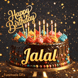 Elegant birthday GIF with the name Jalal on a chocolate cake surrounded by flickering candlelight and golden stars.