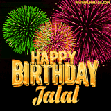 A captivating GIF with bursts of green, pink, and orange fireworks lighting up the night sky, accompanied by 'Happy Birthday Jalal' in glowing golden text.