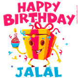 A funny animated birthday GIF with the words 'Happy Birthday Jalala', colorful gift box with arms and legs, holding a cupcake with a lit candle  with confetti everywhere.