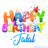 Animated GIF with colorful, festive 'Happy Birthday Jalal' text decorated with patterns, a party hat, and falling confetti. A vibrant and cheerful design for birthday celebrations.