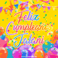 A bright and festive GIF with the text 'Feliz Cumpleaños Jalani' in Spanish in colorful fonts, surrounded by confetti, balloons, and festive banners on a vibrant yellow background.