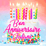 A white birthday cake covered in colorful sprinkles, topped with bright candles, and French text 'Bon Anniversaire Jalani' on a pastel gradient background in an animated GIF.