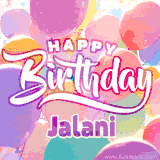 A vibrant name GIF featuring colorful balloons in shades of pink, orange, and yellow with the bold text 'Happy Birthday Jalani' in festive fonts, creating a lively birthday vibe.