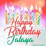 Bright birthday candles with rainbow flames on a cake, alongside the text 'Happy Birthday Jalaya' in vibrant script in this celebratory animated GIF.