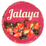 Beautifully decorated red velvet berry birthday cake with vibrant fruits and a glowing 'Jalaya' name, adding a touch of sweetness and sparkle.