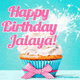 A festive cupcake with pink icing, a gingham bow, and a lit animated sparkler, paired with 'Happy Birthday Jalaya!' in bright pink text.