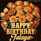 Animated bouquet of orange roses with moving butterfles and golden 'Happy Birthday Jalaya' text, surrounded by sparkling accents and a dark backdrop for a luxurious feel.