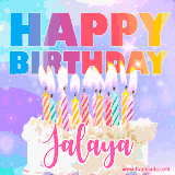 A vibrant animated name GIF with the words 'Happy Birthday Jalaya' with colorful candles on a creamy cake. The background sparkles with pastel shades, adding a festive touch.