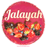 Beautifully decorated red velvet berry birthday cake with vibrant fruits and a glowing 'Jalayah' name, adding a touch of sweetness and sparkle.