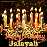 A glowing personalized birthday GIF with name Jalayah featuring lit candles with intricate designs, warm lighting, and the text 'Happy Birthday' in an elegant font.