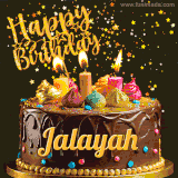 A delightful chocolate birthday cake with bright candles and 'Happy Birthday Jalayah' written in gold amidst a shower of animated stars.