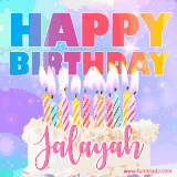 A vibrant animated name GIF with the words 'Happy Birthday Jalayah' with colorful candles on a creamy cake. The background sparkles with pastel shades, adding a festive touch.