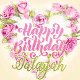 A stunning heart made of pink roses surrounds the elegant script text 'Happy Birthday Jalayah' on a soft beige background. Animated sparkles add a magical and festive feel.