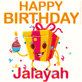 A vibrant and funny gift box character with a happy face dancing with a cupcake and the text 'Happy Birthday Jalayah,' surrounded by animated confetti and party vibes.