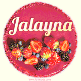 Beautifully decorated red velvet berry birthday cake with vibrant fruits and a glowing 'Jalayna' name, adding a touch of sweetness and sparkle.
