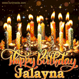 A glowing personalized birthday GIF with name Jalayna featuring lit candles with intricate designs, warm lighting, and the text 'Happy Birthday' in an elegant font.