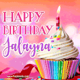 A vibrant birthday GIF featuring a rainbow-colored cupcake topped with white frosting, sprinkles, and a lit candle. The text reads 'Happy Birthday Jalayna' in bold pink and violet letters with white outline.