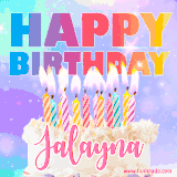 A vibrant animated name GIF with the words 'Happy Birthday Jalayna' with colorful candles on a creamy cake. The background sparkles with pastel shades, adding a festive touch.