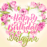 A stunning heart made of pink roses surrounds the elegant script text 'Happy Birthday Jalayna' on a soft beige background. Animated sparkles add a magical and festive feel.