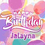 A vibrant name GIF featuring colorful balloons in shades of pink, orange, and yellow with the bold text 'Happy Birthday Jalayna' in festive fonts, creating a lively birthday vibe.