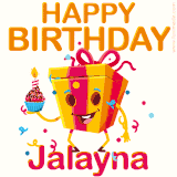 A vibrant and funny gift box character with a happy face dancing with a cupcake and the text 'Happy Birthday Jalayna,' surrounded by animated confetti and party vibes.
