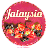 Beautifully decorated red velvet berry birthday cake with vibrant fruits and a glowing 'Jalaysia' name, adding a touch of sweetness and sparkle.