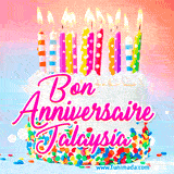 A white birthday cake covered in colorful sprinkles, topped with bright candles, and French text 'Bon Anniversaire Jalaysia' on a pastel gradient background in an animated GIF.