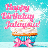 A festive cupcake with pink icing, a gingham bow, and a lit animated sparkler, paired with 'Happy Birthday Jalaysia!' in bright pink text.