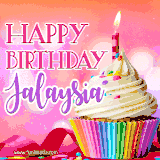 A vibrant birthday GIF featuring a rainbow-colored cupcake topped with white frosting, sprinkles, and a lit candle. The text reads 'Happy Birthday Jalaysia' in bold pink and violet letters with white outline.