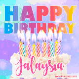A vibrant animated name GIF with the words 'Happy Birthday Jalaysia' with colorful candles on a creamy cake. The background sparkles with pastel shades, adding a festive touch.