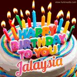 A colorful birthday cake topped with lit candles, with the words 'Happy Birthday Jalaysia' in bold glowing letters on a burgundy background. Animated flames add a festive touch.