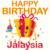 A vibrant and funny gift box character with a happy face dancing with a cupcake and the text 'Happy Birthday Jalaysia,' surrounded by animated confetti and party vibes.