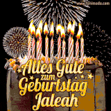 A chocolate birthday cake with glowing candles, the German text 'Alles Gute zum Geburtstag Jaleah,' and vibrant fireworks lighting up the background in an animated GIF.