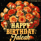 Animated bouquet of orange roses with moving butterfles and golden 'Happy Birthday Jaleah' text, surrounded by sparkling accents and a dark backdrop for a luxurious feel.