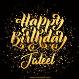 Animated GIF with colorful, festive 'Happy Birthday Jaleel' text decorated with patterns, a party hat, and falling confetti. A vibrant and cheerful design for birthday celebrations.