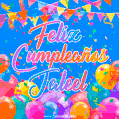 A vibrant animated GIF with 'Feliz Cumpleaños Jaleel' written in colorful script, surrounded by balloons, confetti, and bunting on a bright blue background.