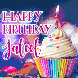 A festive animated GIF featuring a colorful cupcake with a single lit candle, sprinkles, and 'Happy Birthday Jaleel' text against a sparkling, celebratory background.