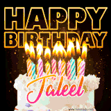 A vibrant animated GIF featuring a delicious birthday cake topped with glowing candles and the name 'Jaleel' in elegant script, and the words 'Happy Birthday' on the black background.