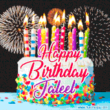 A lively happy birthday animated GIF showcasing a colorful birthday cake covered in sprinkles, topped with glowing candles, and surrounded by vibrant fireworks. The name 'Jaleel' is featured in elegant script.