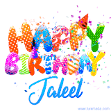 Animated GIF with colorful, festive 'Happy Birthday Jaleel' text decorated with patterns, a party hat, and falling confetti. A vibrant and cheerful design for birthday celebrations.