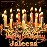 A glowing personalized birthday GIF with name Jaleesa featuring lit candles with intricate designs, warm lighting, and the text 'Happy Birthday' in an elegant font.
