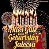 A chocolate birthday cake with glowing candles, the German text 'Alles Gute zum Geburtstag Jaleesa,' and vibrant fireworks lighting up the background in an animated GIF.