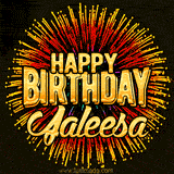 Golden 'Happy Birthday Jaleesa' text accompanied by animated rainbow fireworks for a festive animated greeting.