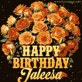 Animated bouquet of orange roses with moving butterfles and golden 'Happy Birthday Jaleesa' text, surrounded by sparkling accents and a dark backdrop for a luxurious feel.