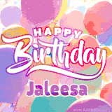 A vibrant name GIF featuring colorful balloons in shades of pink, orange, and yellow with the bold text 'Happy Birthday Jaleesa' in festive fonts, creating a lively birthday vibe.