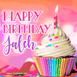 A vibrant birthday GIF featuring a rainbow-colored cupcake topped with white frosting, sprinkles, and a lit candle. The text reads 'Happy Birthday Jaleh' in bold pink and violet letters with white outline.